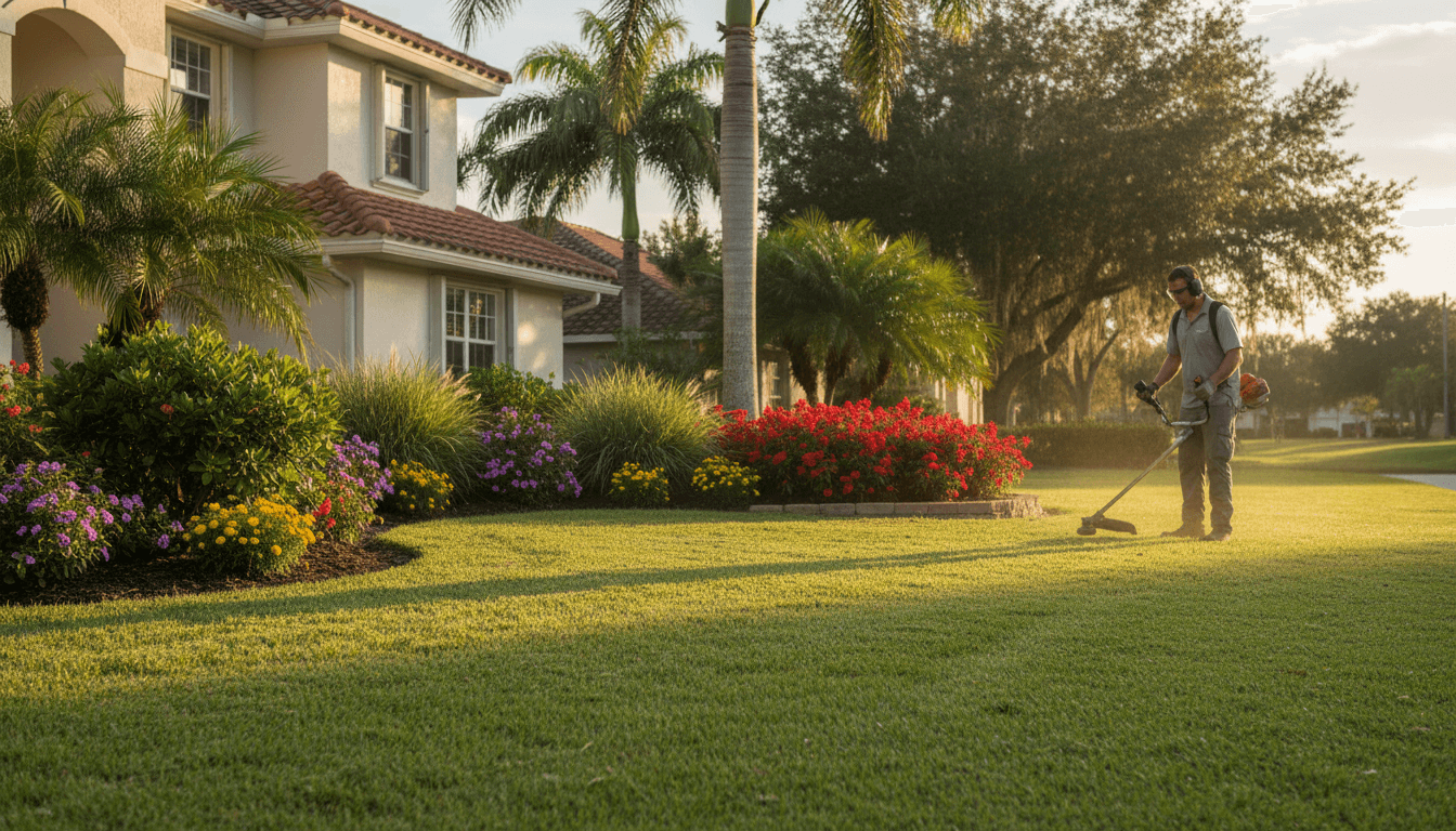 Professional landscaper trimming lawn edging on a well-maintained residential property in Largo