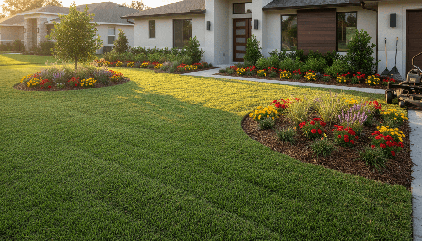 Beautifully landscaped residential lawn with fresh mowing, vibrant flower beds, and professional design in Largo
