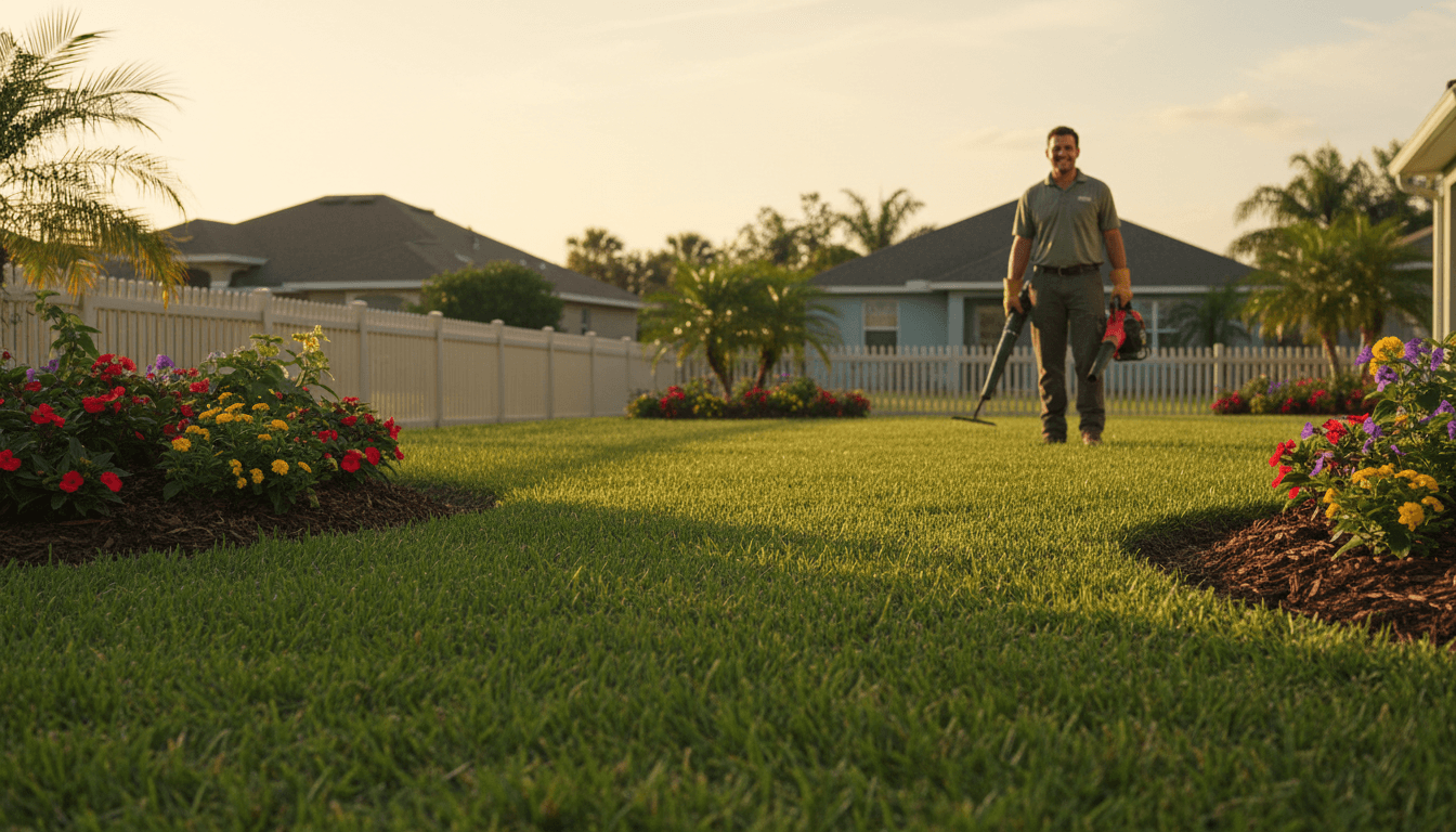 Professional landscaper standing on a well-maintained lawn in Largo with flowering plants and mulched beds