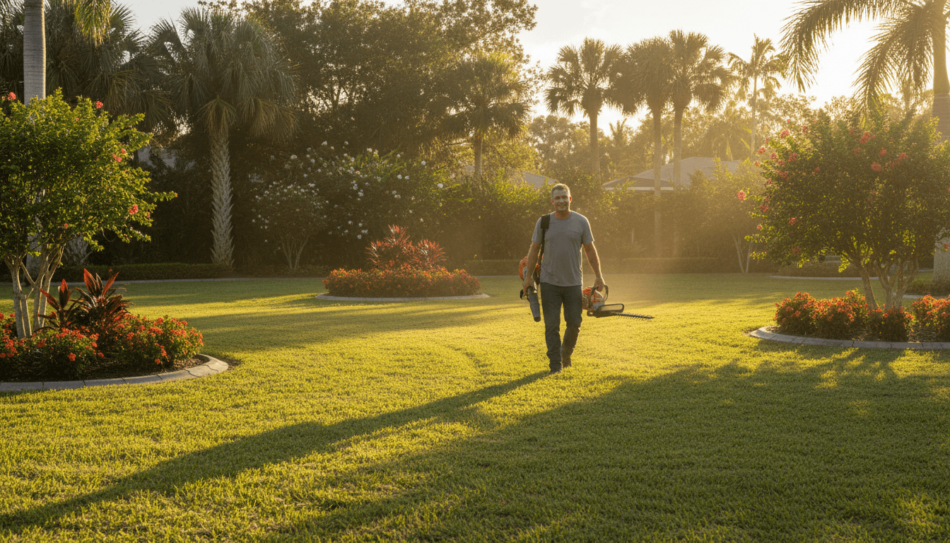 Professional landscaper walking across a well-maintained Largo lawn with fresh mowing and edging