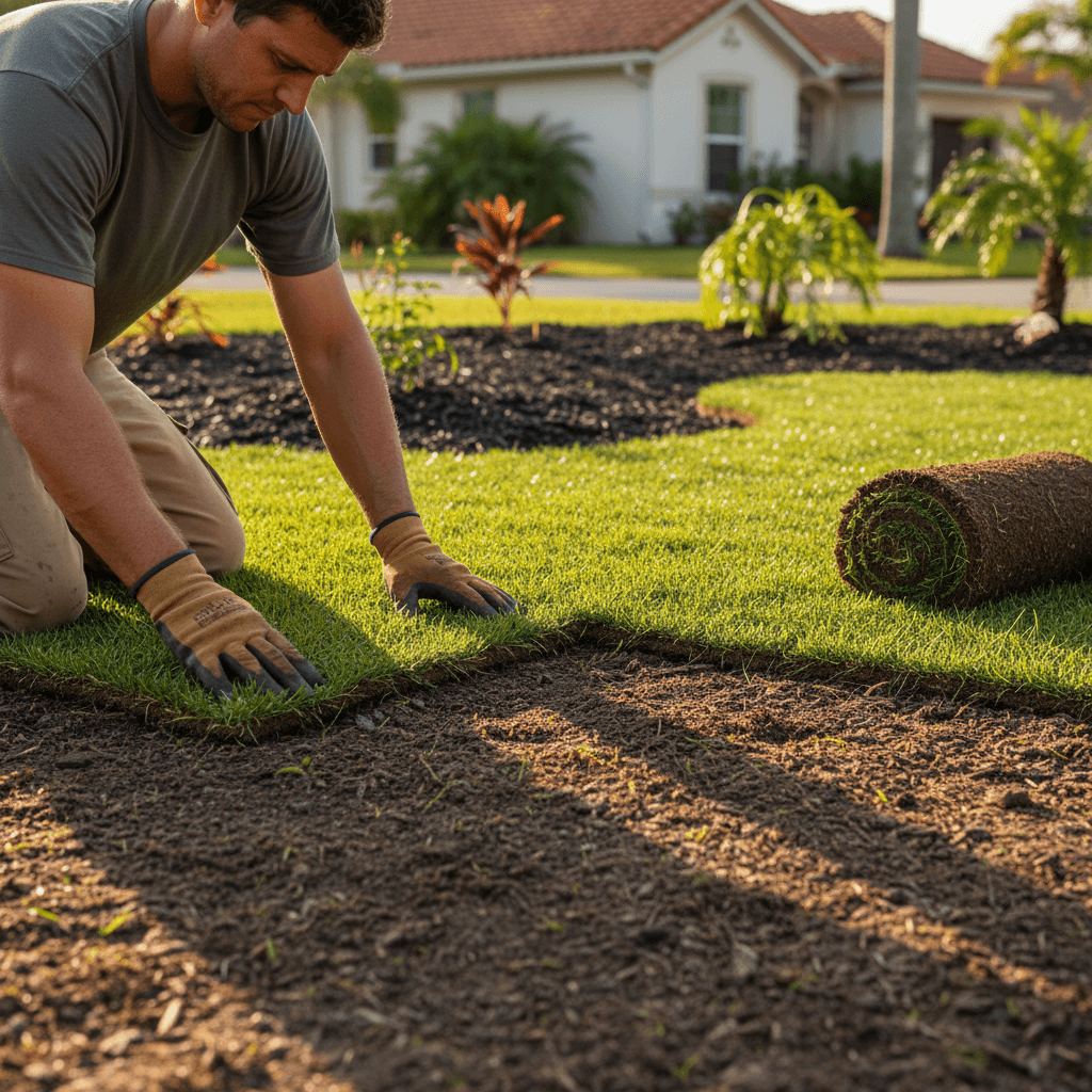 Fresh sod and mulch installation for landscaping